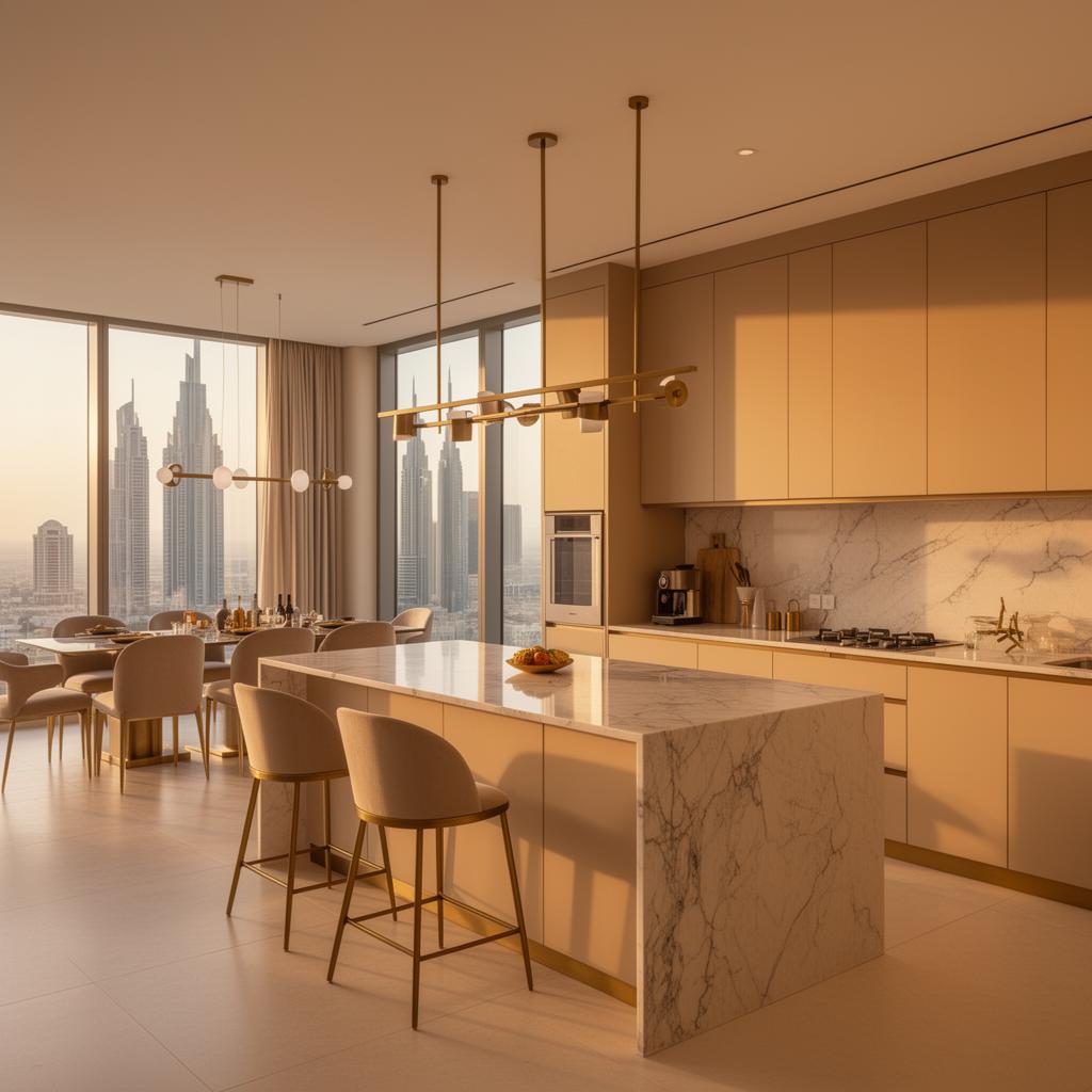 Penthouse kitchen with marble island