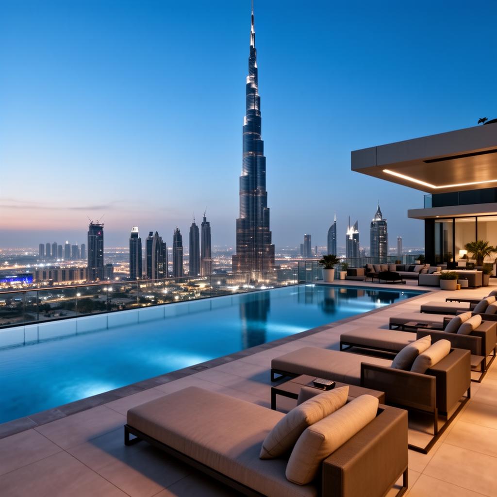 Penthouse terrace overlooking Burj Khalifa
